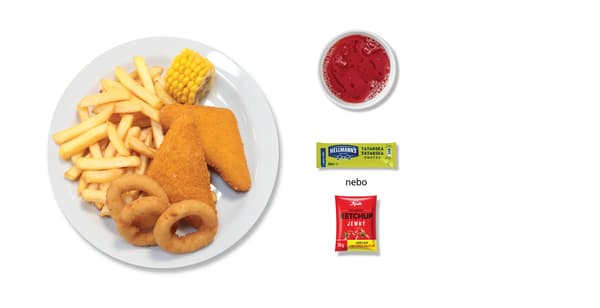 Smažený sýr 
hranolky, kukuřičný klas, 3ks cibulové kroužky, tatarka nebo kečup a bezedný nápoj