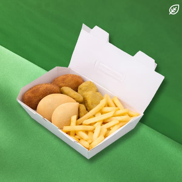Snack box: 2pz panzerotti, 4pz bocconcini vegetali, 2pz crocchette di formaggio e patatine fritte