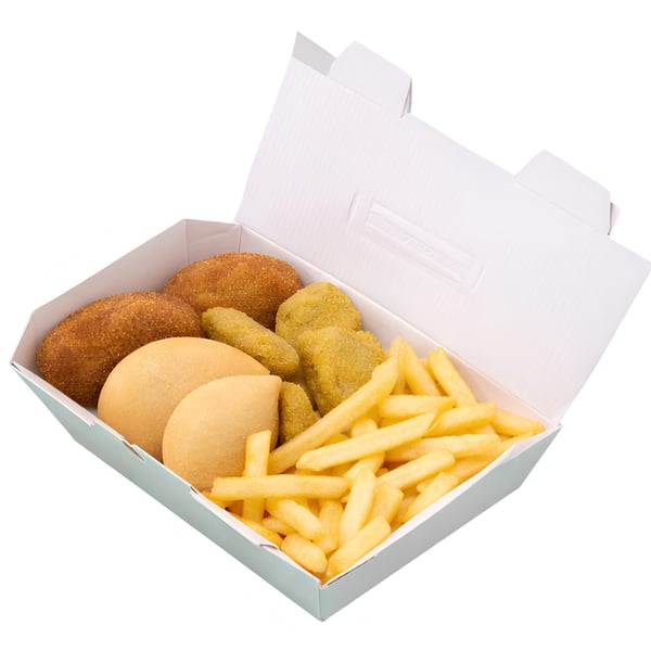 Snack box: 2pz panzerotti, 4pz bocconcini vegetali, 2pz crocchette di formaggio e patatine fritte