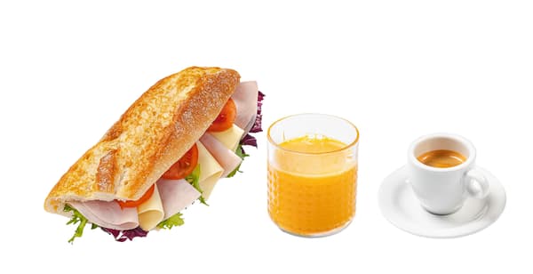 Snídaňová nabídka, bageta, džus, kafe