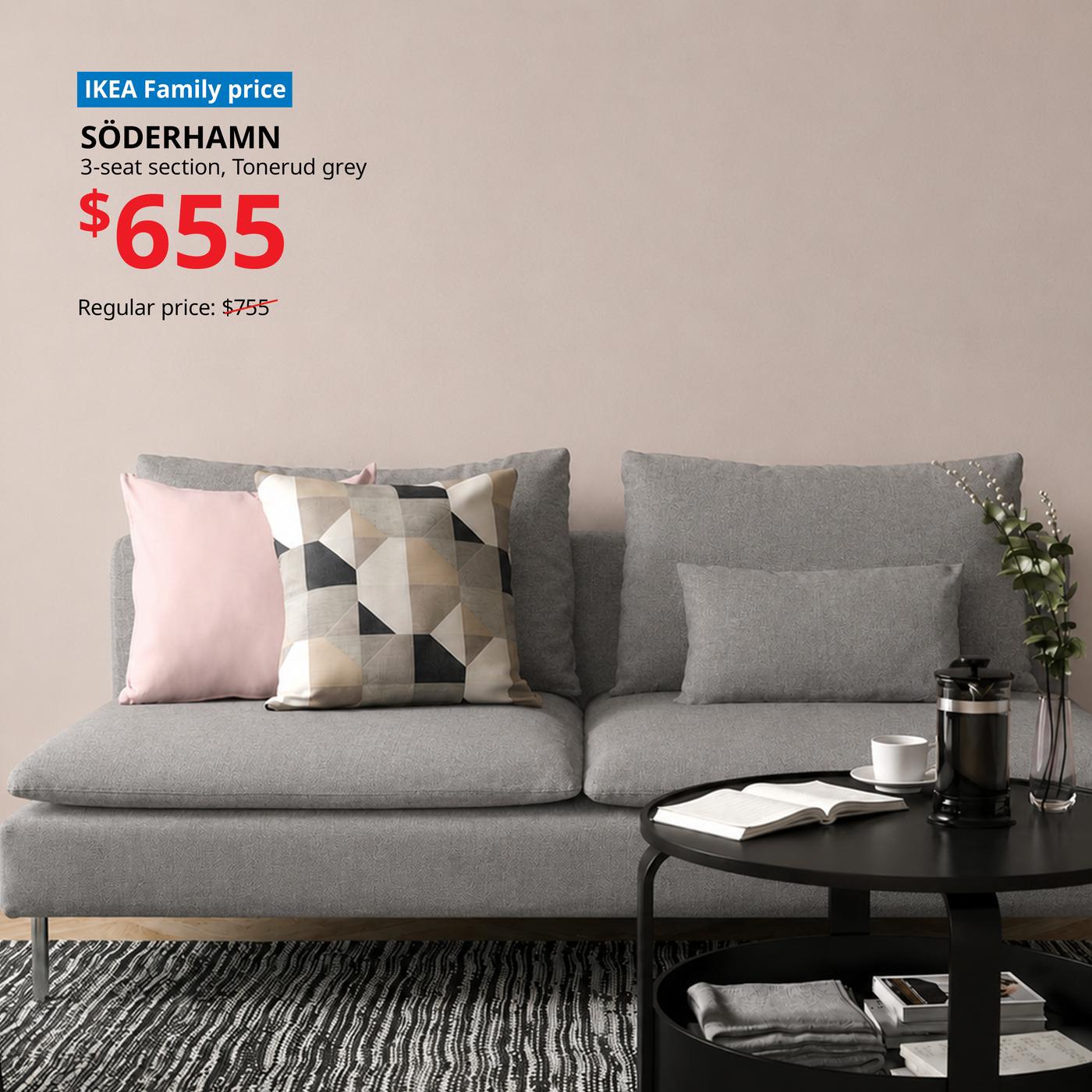 SODERHAMN grey sofa in a living room against a beige wall on top of a grey carpet. Words on image read "IKEA Family price, SODERHAMN, 3-seat section, Tonerud grey, $655, Regular price: $755"