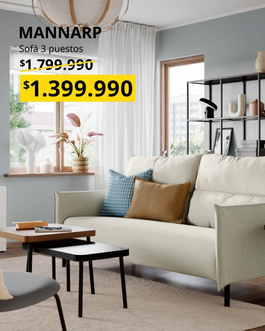 Sofá 3 puestos MANNARP beige con cojines colores pasteles