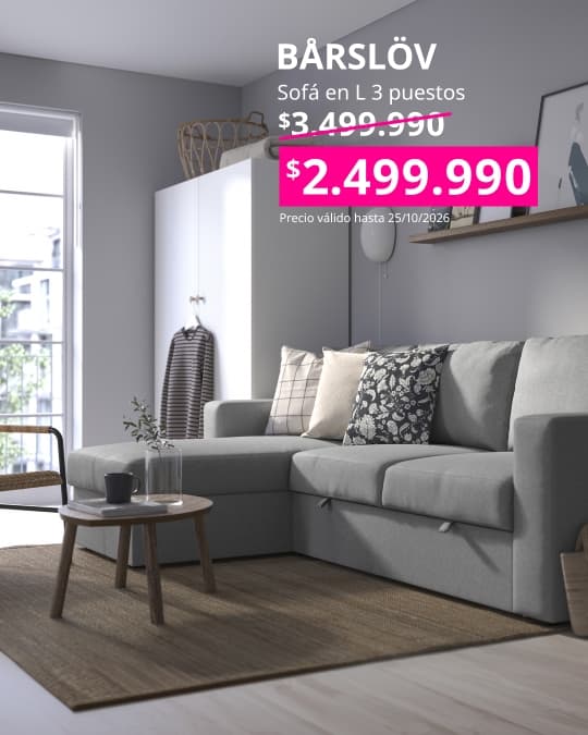 Sofá BÅRSLÖV de 3 plazas con chaise longue y funda Tibbleby en tonos beige y gris para sala de estar.