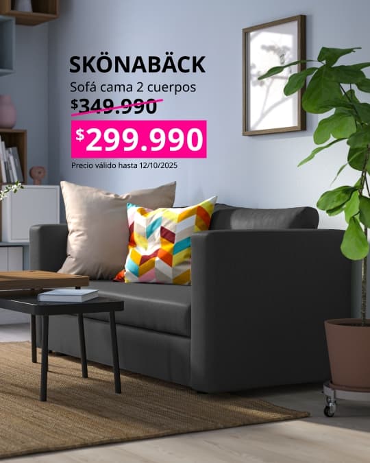Sofá cama de dos cuerpos negro con precio en cuadrado fucsia