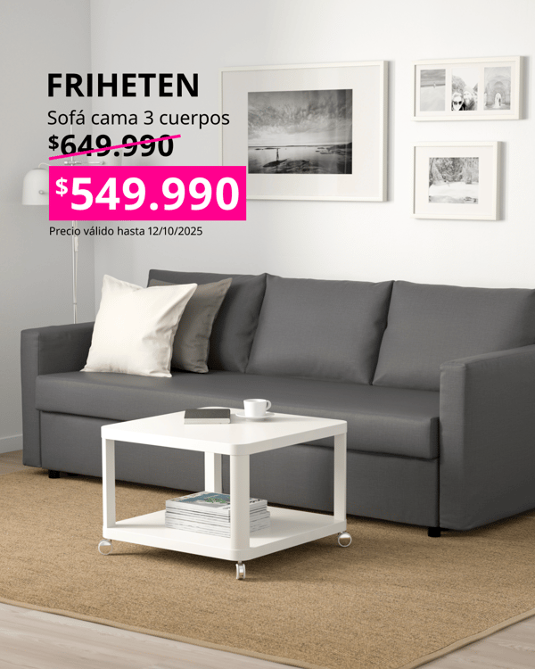 Sofá cama FRIHETEN gris con precio en cuadrado fucsia