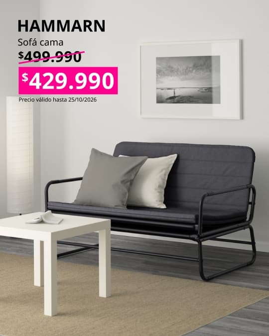 Sofá cama HAMMARN con funda Knisa en gris oscuro y negro, práctico para espacios multifuncionales.