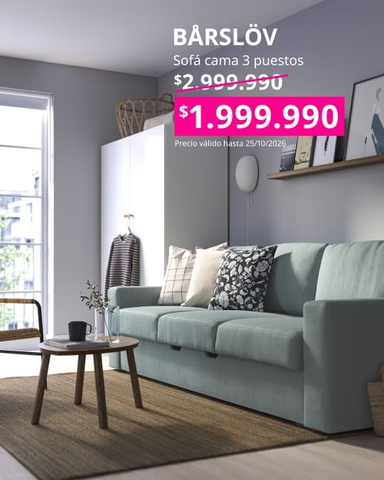 Sofá de 3 plazas BÅRSLÖV con chaise longue y funda Tibbleby en tono gris turquesa claro.