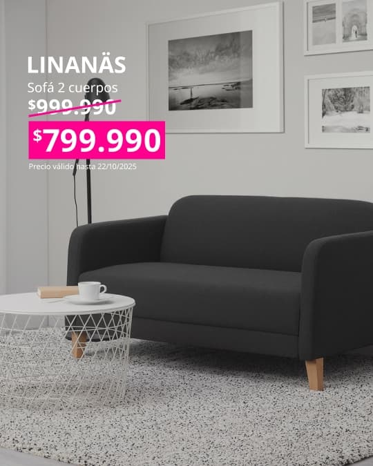 Sofá dedos cuerpos gris oscuro LINANÄS con precio oferta en cuadrado fucsia.