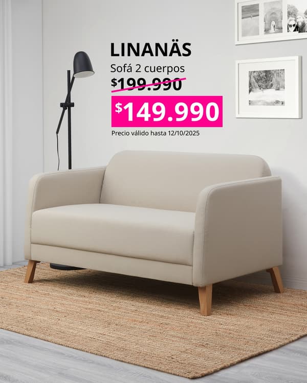 Sofá dos cuerpos LINANAS beige con precio en cuadrado fucsia
