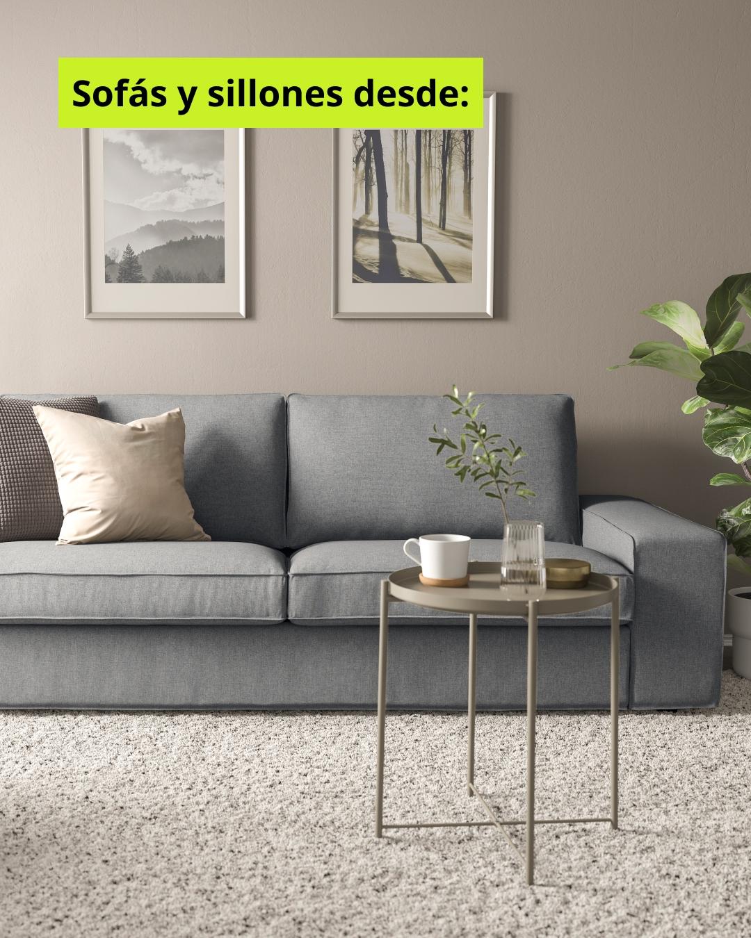 Sofá gris junto a mesa de centro beige con llamado desde