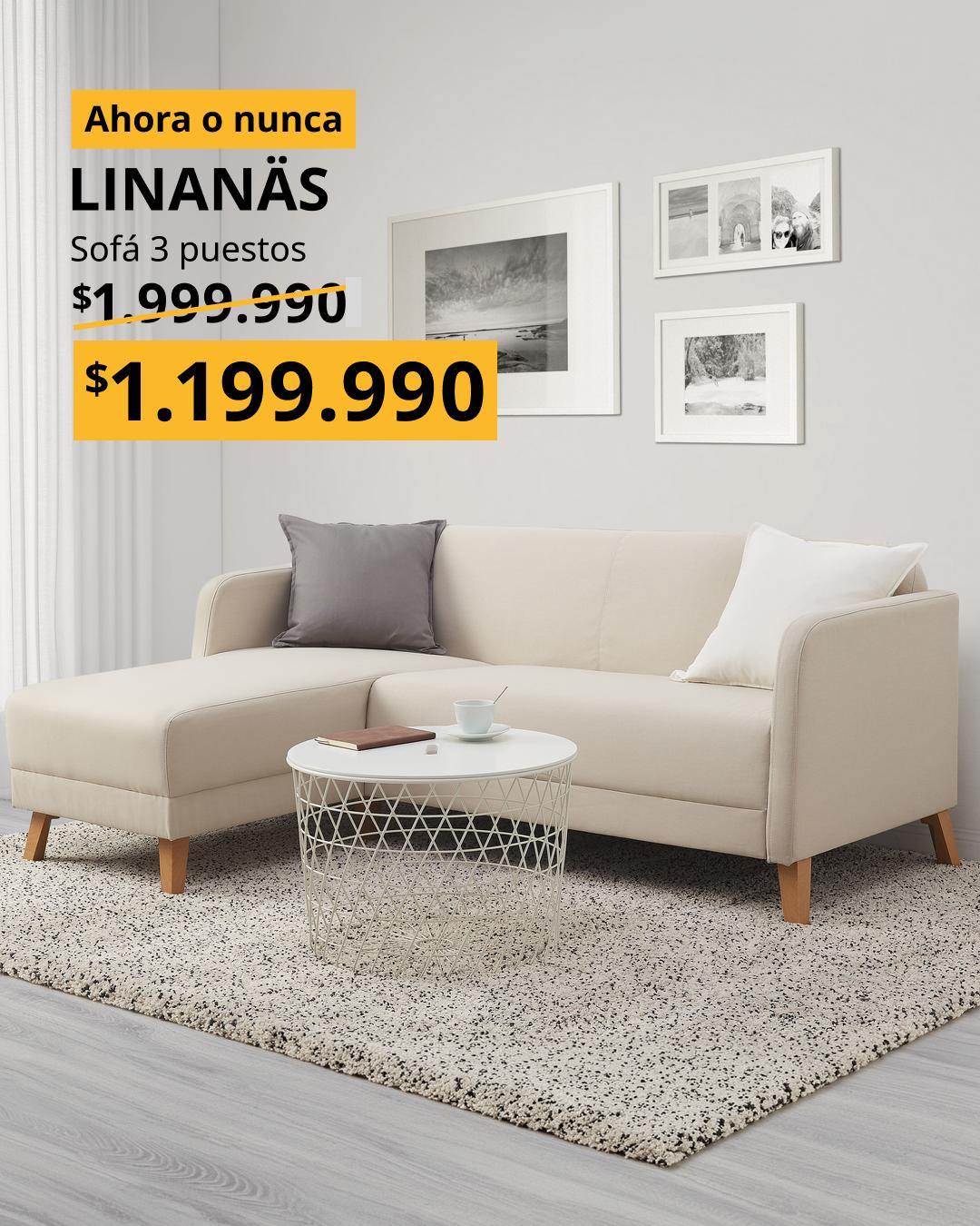Sofá LINANÄS de tres plazas con chaise longue, tapizado en tela Vissle color beige.