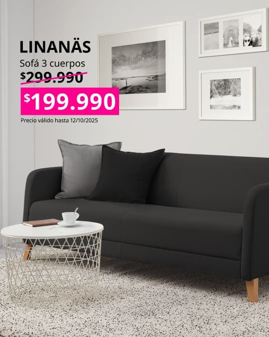 Sofá tres cuerpos negro LINANAS con precio en cuadrado fucsia