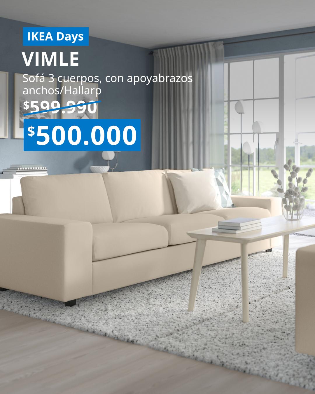 Sofá VIMLE de 3 plazas con apoyabrazos anchos, tapizado Hallarp beige, cómodo y espacioso para la sala de estar.