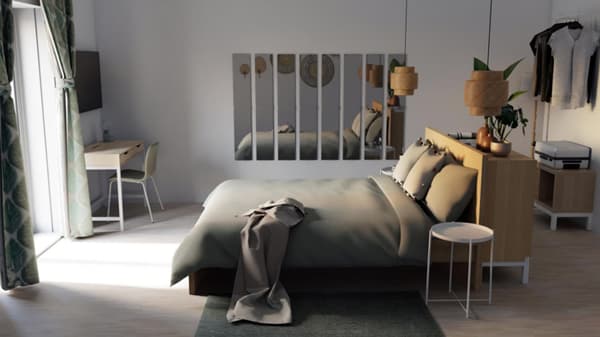 Soluzione essenziale per una camera da letto che sfrutta tutti gli spazi