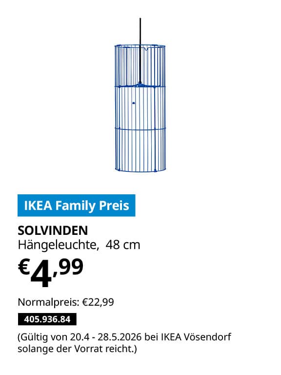 SOLVINDEN Hängeleuchte, blau, 48 cm statt € 22,99 zum IKEA Family Preis von € 4,99