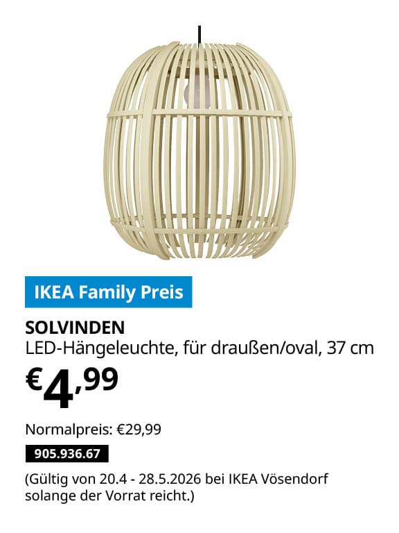 SOLVINDEN LED-Hängeleuchte, für draußen/oval, 37 cm statt € 29,99 zum IKEA Family Preis von € 4,99