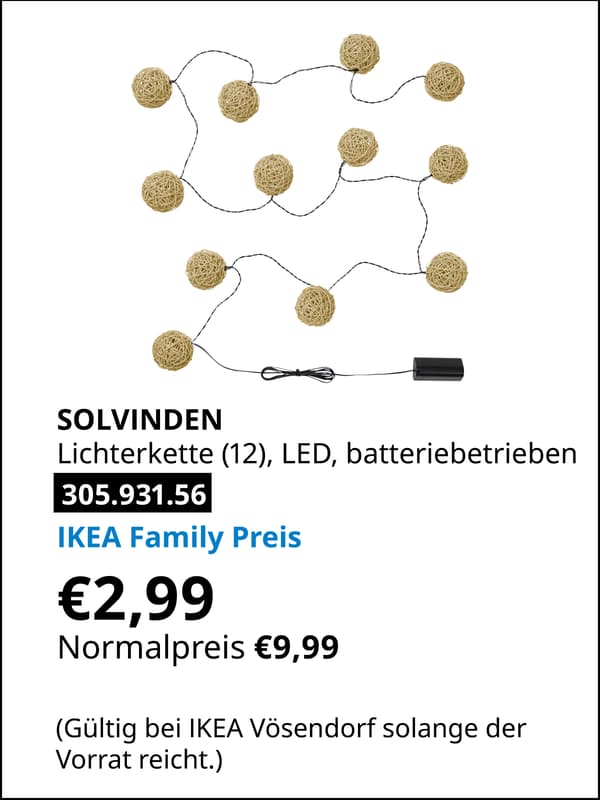 SOLVINDEN Lichterkette (12), LED, batteriebetrieben/beige statt € 9,99 zum IKEA Family Preis von € 2,99