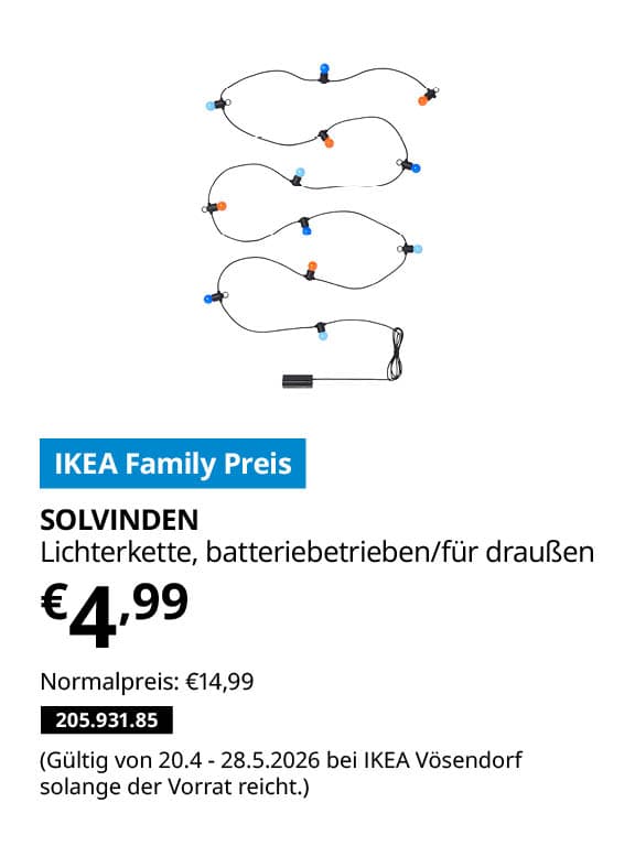 SOLVINDEN Lichterkette (12), LED, batteriebetrieben/für draußen bunt statt € 14,99 zum IKEA Family Preis von € 4,99