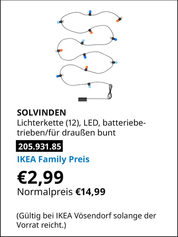 SOLVINDEN Lichterkette (12), LED, batteriebetrieben für draußen/bunt statt € 14,99 zum IKEA Family Preis von € 2,99
