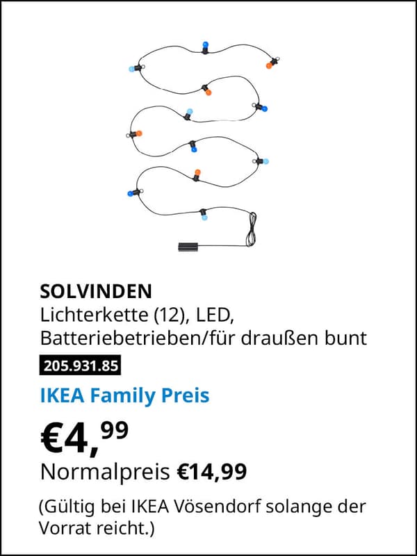 SOLVINDEN Lichterkette (12), LED, batteriebetrieben/für draußen bunt statt € 14,99 zum IKEA Family Preis von € 4,99