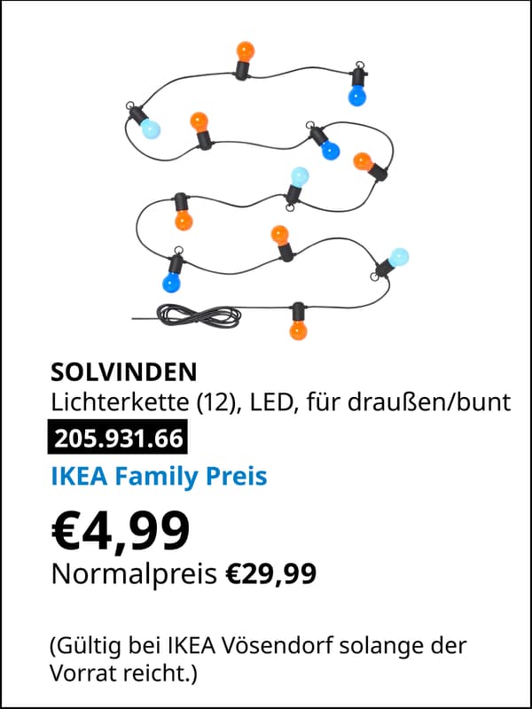 SOLVINDEN Lichterkette (12), LED, für draußen/bunt statt € 29,99 zum IKEA Family Preis von € 4,99