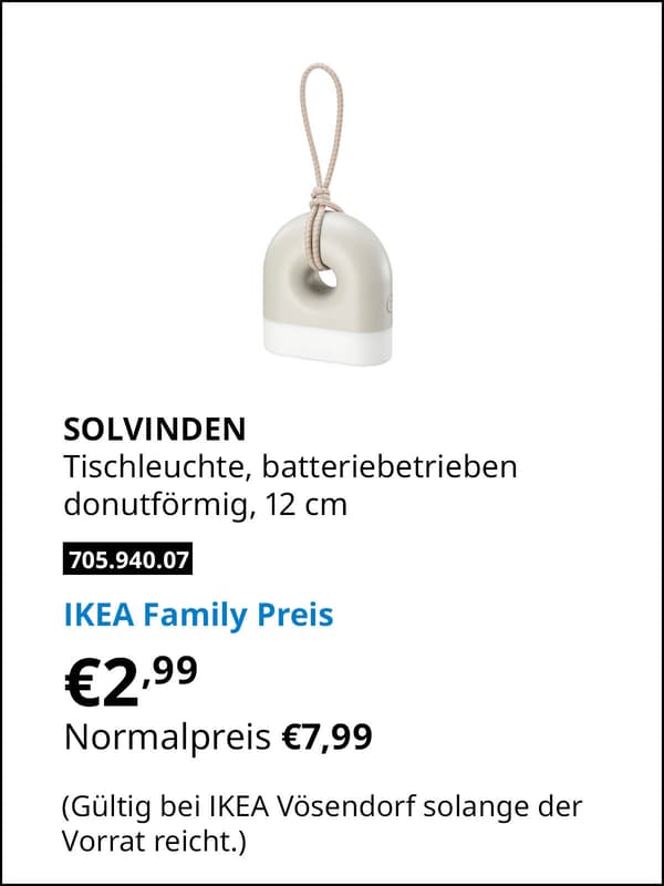 SOLVINDEN Tischleuchte, batteriebetrieben donutförmig, 12 cm statt € 7,99 zum IKEA Family Preis von € 2,99
