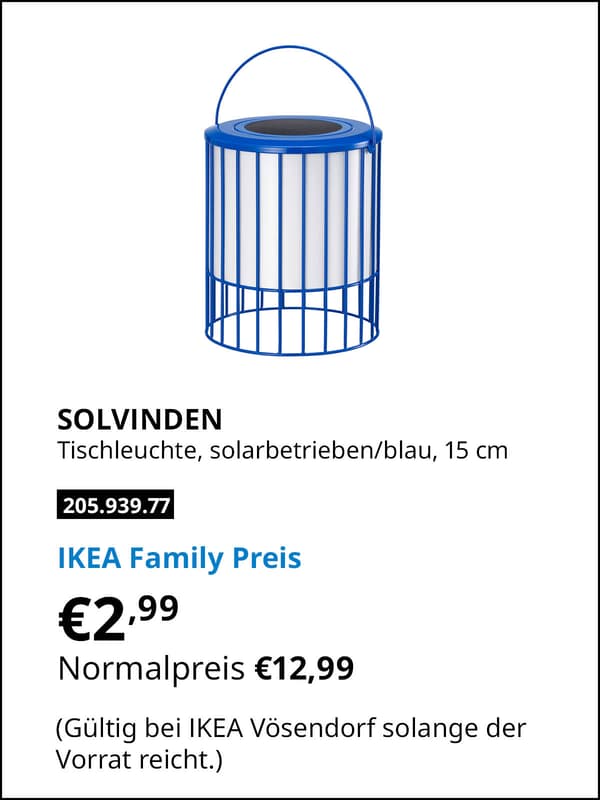 SOLVINDEN Tischleuchte, solarbetrieben/blau, 15 cm statt € 12,99 zum IKEA Family Preis von € 2,99