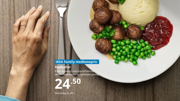 Som IKEA Family medlem kan du hver onsdag frit vælge fra udvalget af varme retter, og spise en hel hovedret til halv pris. Du skal blot vise dit medlemskort, når du betaler. Få rabatten. Bliv medlem af IKEA Family nu.
Tilbuddet gælder fra onsdag den 2. april og hver onsdag til og med den 27. august 2025 i alle vores varehuse. Gælder ikke børneretter.