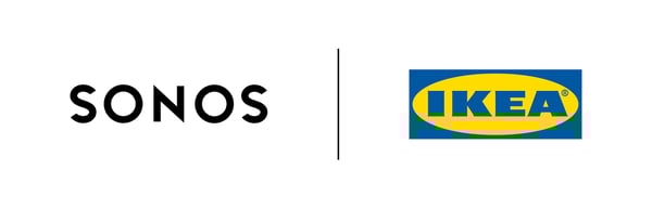 Sonos-logo og IKEA logo som symbol på samarbejdet med at udvikle SYMFONISK – et helt ny lydserie.
