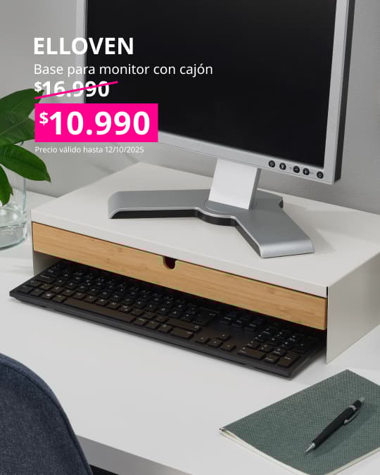 Soporte para monitor ELLOVEN blanco con precio en cuadrado fucsia