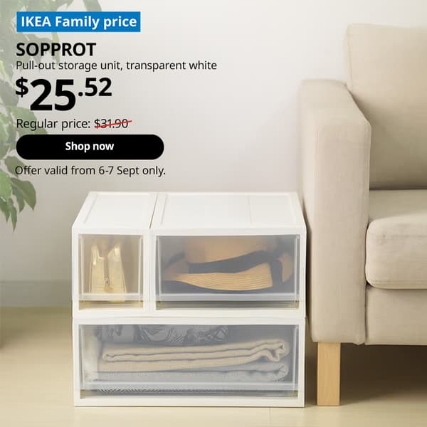 SOPPROT (20376479) pull-out storage unit in living room beside sofa. $25.52, regular price: $31.90/