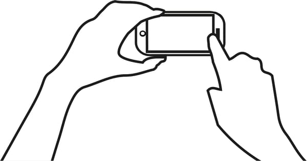 Sort tegning af hånd der holder mobiltelefon.