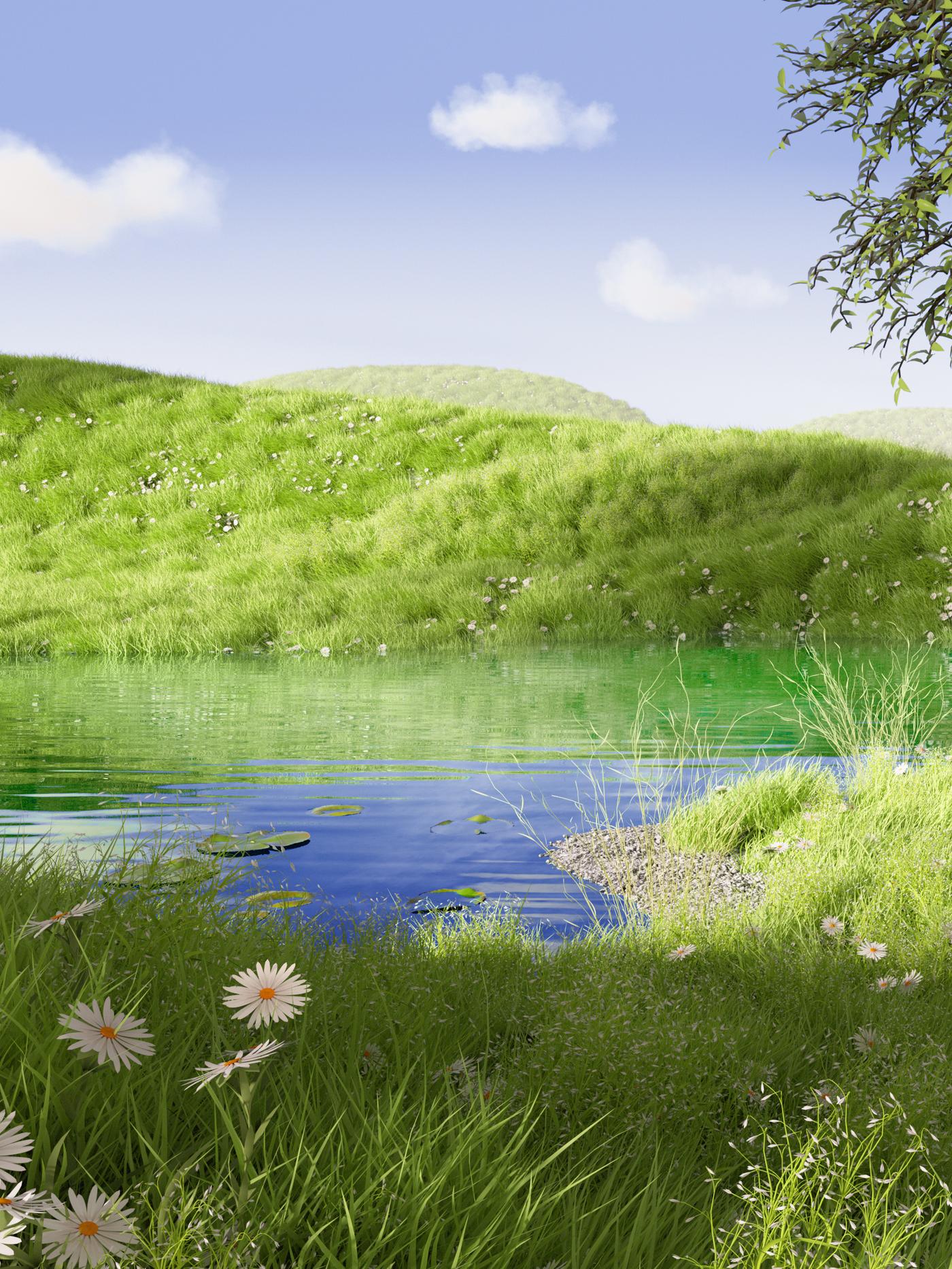 Sous un ciel bleu, une colline herbeuse se reflète dans les eaux d’un lac dissimulé par de l’herbe haute et des fleurs jaune et blanc.