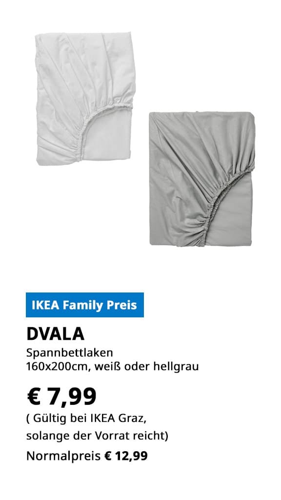 Spannbettlaken DVALA, 160x200cm, weiß oder hellgrau, statt € 12,99 zum IKEA Family Preis von € 7,99.