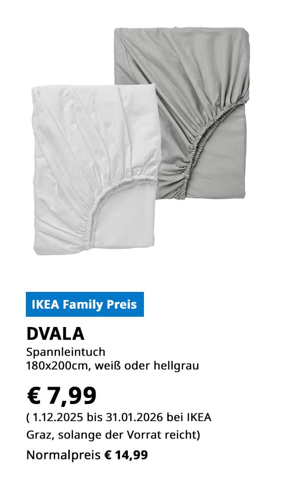 Spannbettlaken Dvala, 180x200cm, in weiß oder hellgrau, statt € 14,99 zum IKEA Family Preis von € 7,99.
