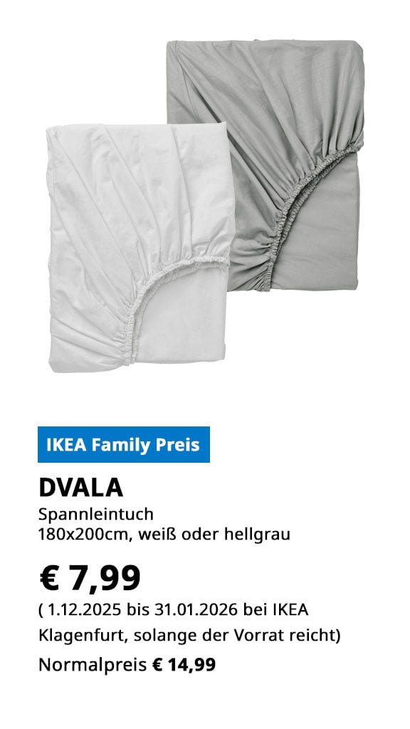 Spannbettlaken Dvala, 180x200cm, in weiß oder hellgrau, statt € 14,99 zum IKEA Family Preis von € 7,99.