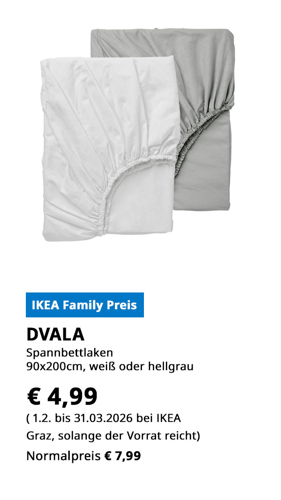 Spannbettlaken Dvala, 90x200cm, weiß oder hellgrau, statt € 7,99 zum IKEA Family Preis von € 4,99.