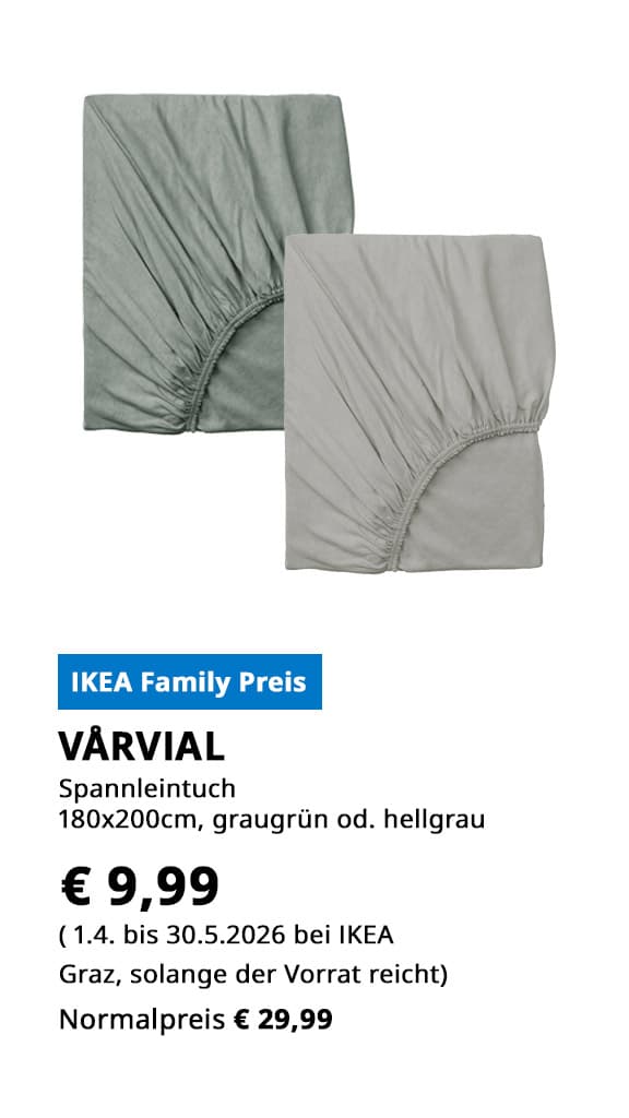 Spannbettlaken Varvial, 180x200cm, hellgrau oder graugrün, statt € 29,99 zum IKEA Family Preis von € 9,99.