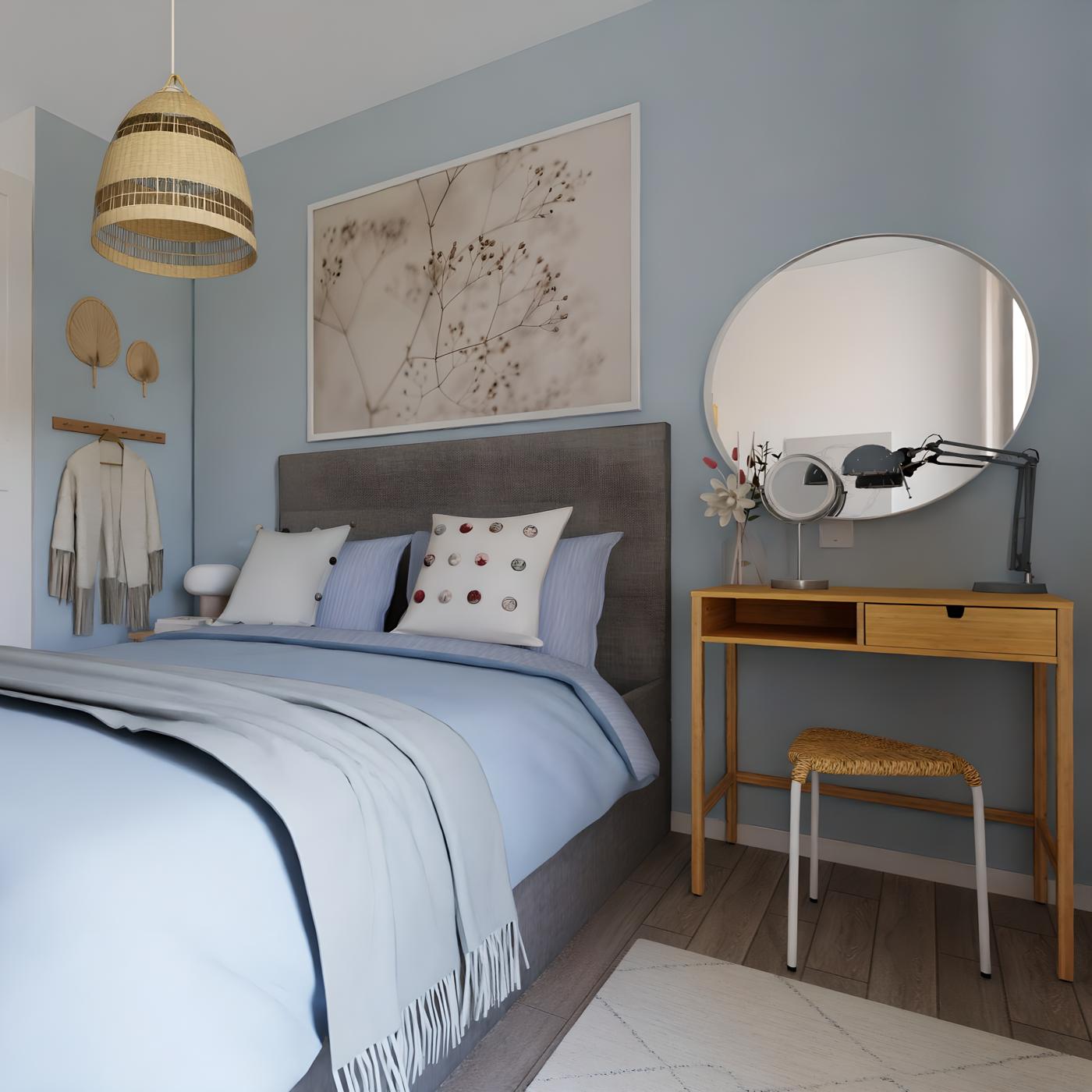 Spavaća soba s plavim zidovima, sivim krevetom s plavom posteljinom, slikom biljke na zidu, drvenim stolom s ogledalom i stolicom, vješalicama s odjećom i pletenom lampom.
