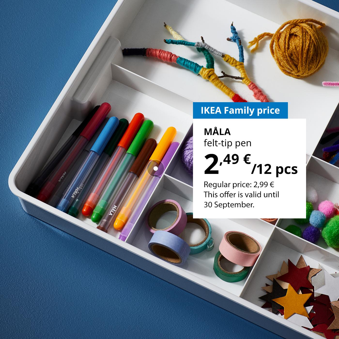 Special offer for IKEA Family club members: 12 MÅLA felt-tip pens for 2,49 € (regular price 2,99 €).