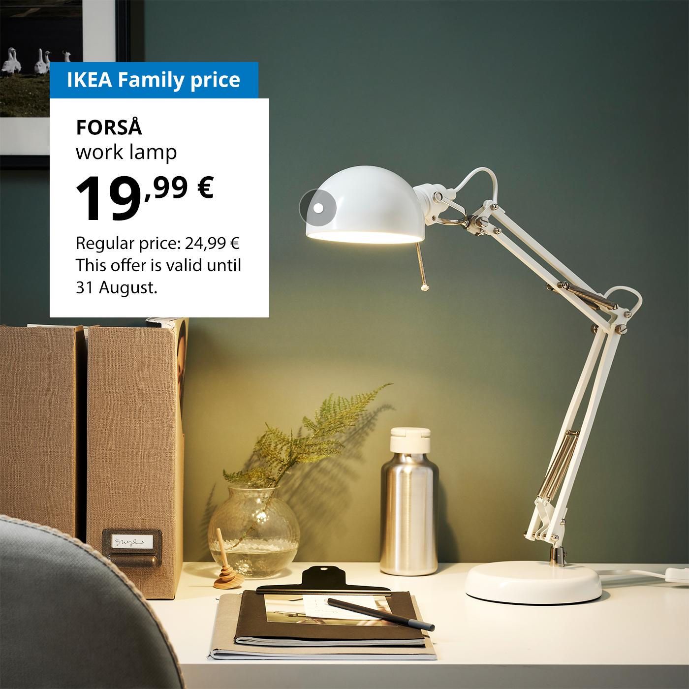 Special offer for IKEA Family club members: classic style FORSÅ work lamp in steel for 19,99 € (regular price 24,99 €).