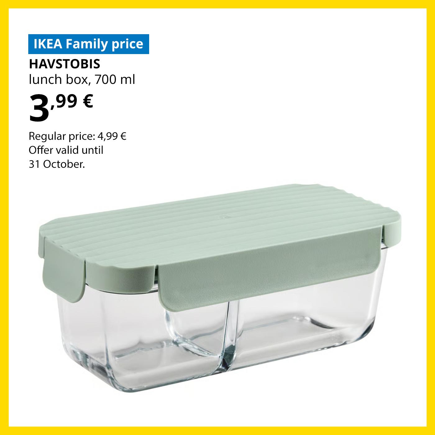 Special offer for IKEA Family club members: HAVSTOBIS glass lunch box with light green lid for 3,99 € (regular price 4,99 €).