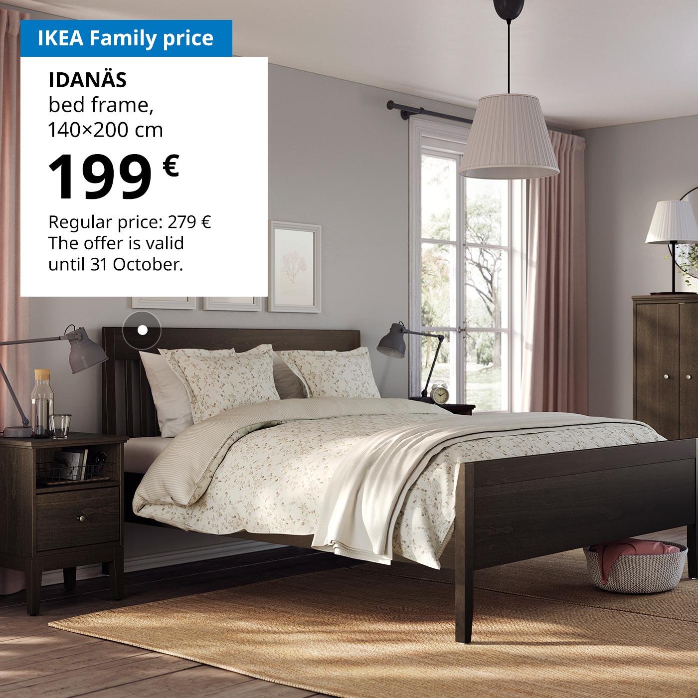 Special offer for IKEA Family members: dark brown stained IDANÄS bed frame (140×200 cm) for 199 € (regular price: 279 €). Offer valid until 31 October.