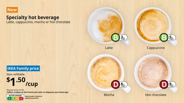 Specialty hot beverage - Latte, cappuccino, mocha or hot chocolate. Non-refillable. $1.50/cup. Collect a token at the check-outs later to dispense your beverage. 