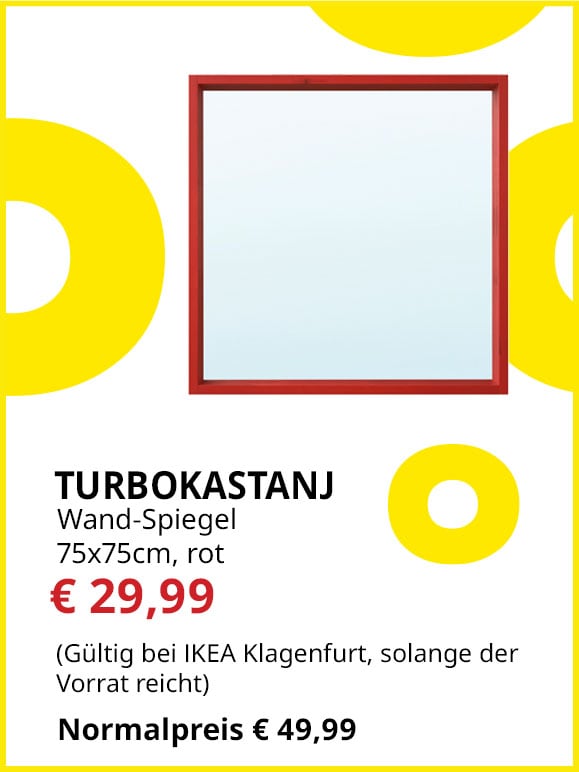 Spiegel Turbokastanj, Wandmontage, 75x75cm, rot, statt € 49,99 um € 29,99.