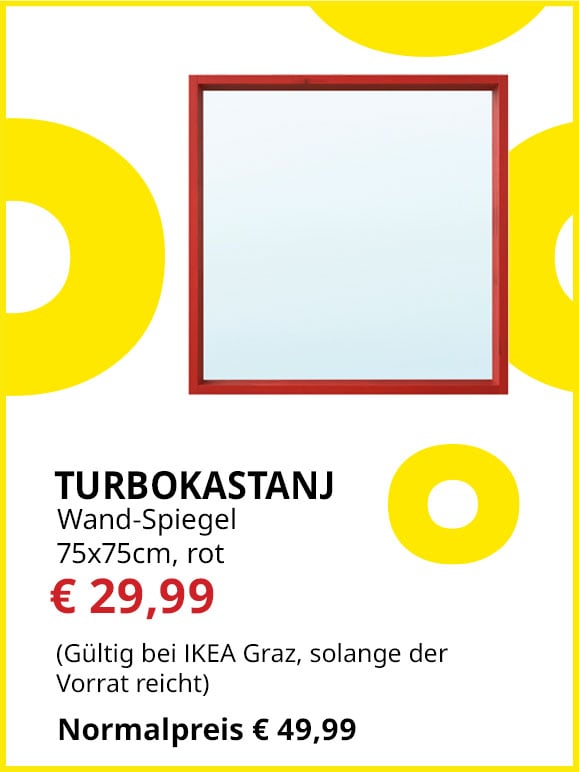 Spiegel Turbokastanj, Wandmontage, 75x75cm, rot, statt € 49,99 um € 29,99.
