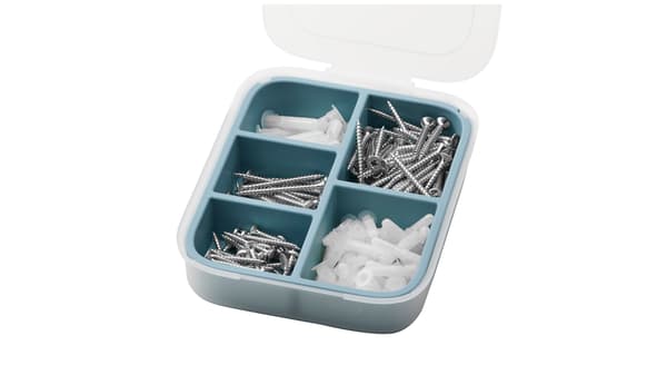 Square lidded box with compartments neatly filled with silver screws and white wall plugs.