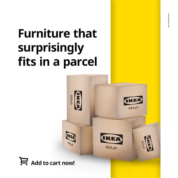Stacked IKEA boxes on a white and yellow background with text: 