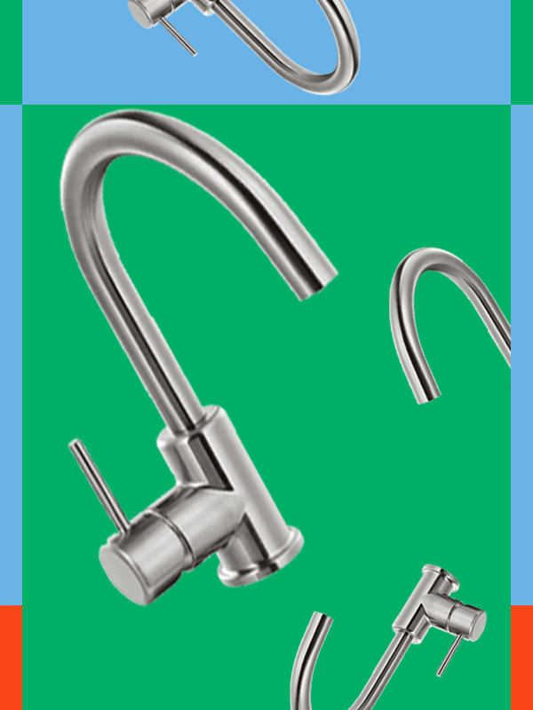 Stainless steel faucets floating on a green background with blue and red highlights.