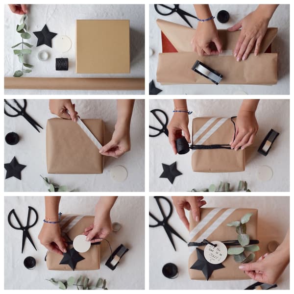 Stap voor stap een cadeau inpakken met kraftpapier, tape, lint en decoratie